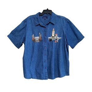 Penningtons Denim Top Womens Plus Size 1X Embroidered Button Up Lighthouse
